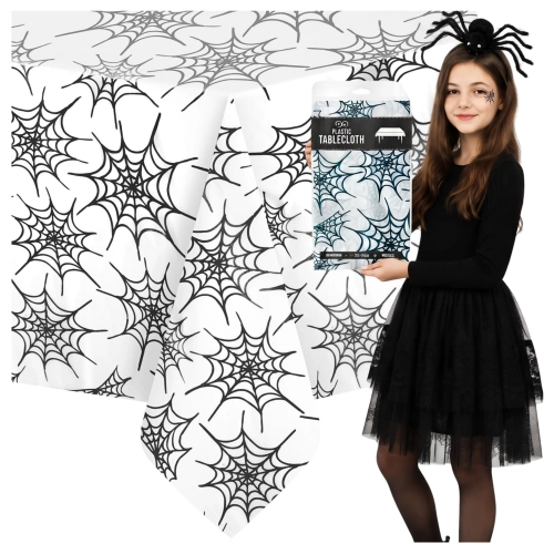 Obrus na stół halloween biały foliowy pajęczyna czarna 274x137cm