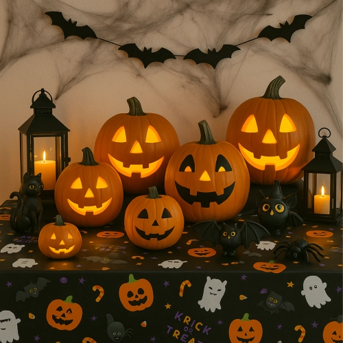 Obrus na stół halloween czarny foliowy dynia nietoperz kot duch 274x137cm