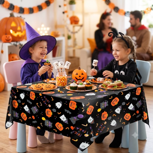 Obrus na stół halloween czarny foliowy dynia nietoperz kot duch 274x137cm