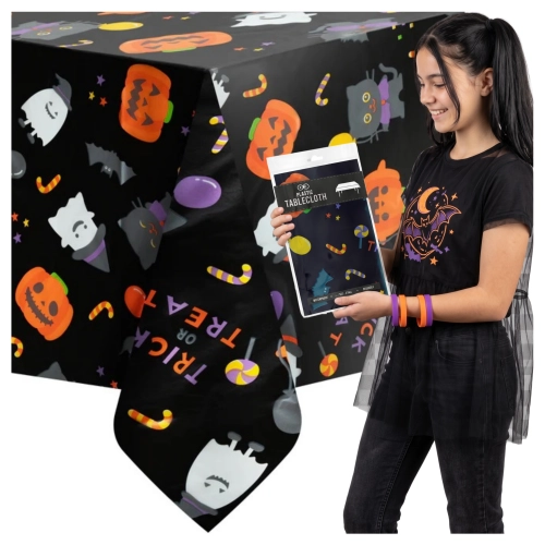 Obrus na stół halloween czarny foliowy dynia nietoperz kot duch 274x137cm