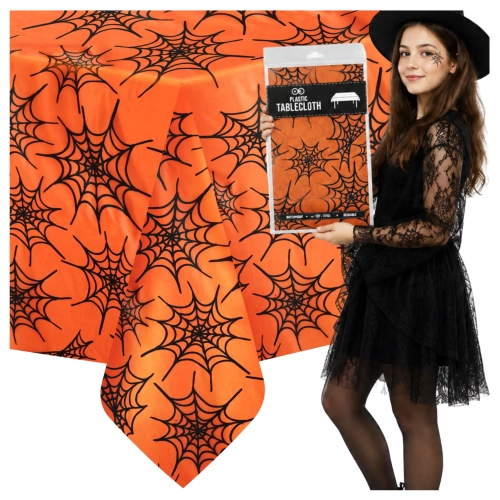 Obrus na stół halloween pomarańczowy foliowy pajęczyna 274x137cm
