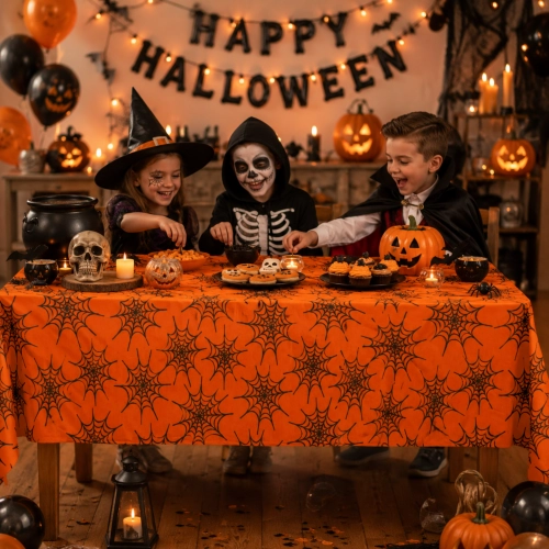 Obrus na stół halloween pomarańczowy foliowy pajęczyna 274x137cm