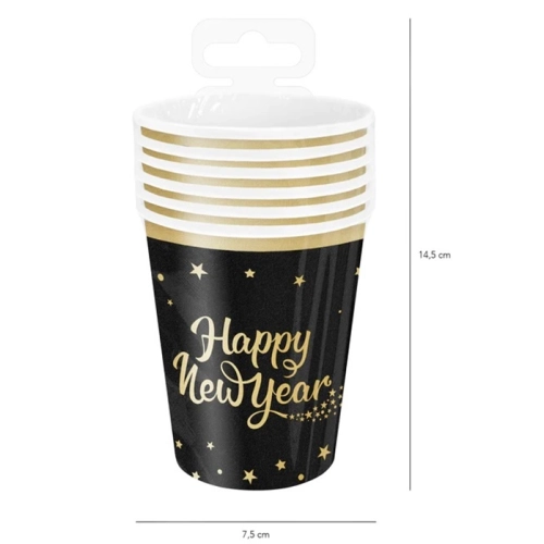 Kubeczki papierowe jednorazowe czarne złote gwiazdki Sylwester Nowy Rok dekoracja Happy New Year 6 szt