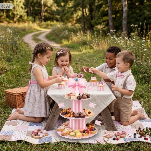Patera papierowa na ciasto babeczki stojak na muffinki kokardki różowe urodziny
