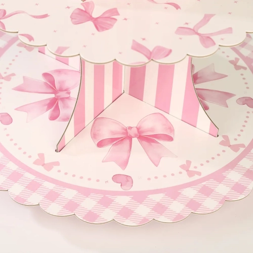 Patera papierowa na ciasto babeczki stojak na muffinki kokardki różowe urodziny