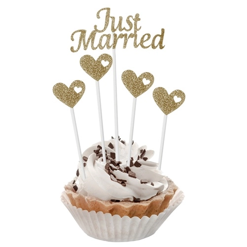 Topper piker ozdoby na tort babeczki napis Just Married  serduszka dekoracje ślub wesele zestaw 5 sztuk