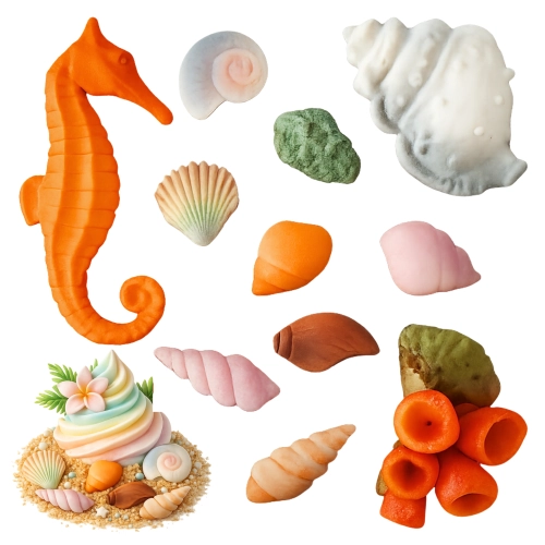 Figurki cukrowe na tort 11 sztuk muszelki konik morski dekoracje urodzinowe