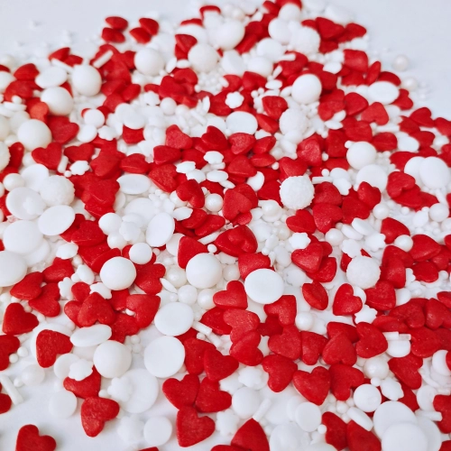 Posypka cukrowa na tort serce perełki mix na walentynki serca biały czerwony 50g