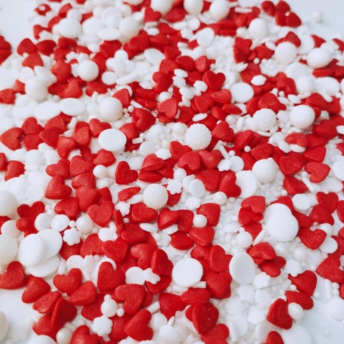 Posypka cukrowa na tort serce perełki mix na walentynki serca biały czerwony 50g