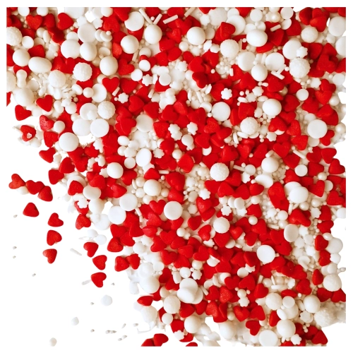 Posypka cukrowa na tort serce perełki mix na walentynki serca biały czerwony 50g