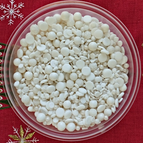 Posypka cukrowa na tort białe perłowe perełki maczki konfetti mimoza śnieżynki pałeczki święta Boże Narodzenie 100g