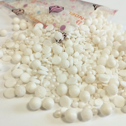 Posypka cukrowa na tort białe perłowe perełki maczki konfetti mimoza śnieżynki pałeczki święta Boże Narodzenie 100g