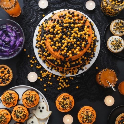Posypka cukrowa na tort babeczki halloween perełki pomarańczowe czarne mix 50g