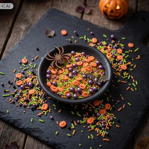 Posypka na tort 50g dynia pająk perełki pałeczki mix halloween dekoracje na babeczki