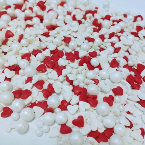 Posypka cukrowa na tort serce perełki mix na walentynki perłowo czerwona 50g