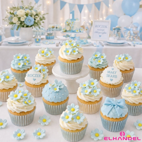 Kwiaty na tort 100 sztuk kwiat cukrowy niebieski na babeczki dekoracje urodzinowe komunia wesele