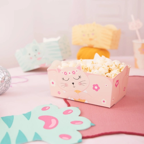 Pudełka na chipsy popcorn kotki przekąski dekoracja urodzinowa stołu kociaki 3szt