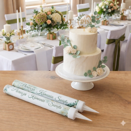 Raca na tort 2 sztuki fontanna tortowa napis Pierwsza Komunia Święta dekoracje komunijne 12 cm