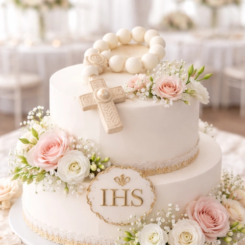 Figurka cukrowa na tort różaniec biało złoty dekoracje komunijne