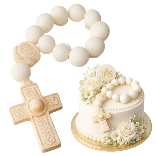 Figurka cukrowa na tort różaniec biało złoty dekoracje komunijne