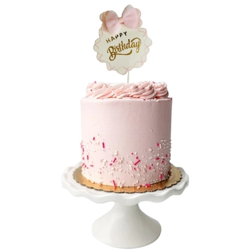 Topper ozdoby na tort napis Happy Birthday z różową kokardką dekoracje urodzinowe