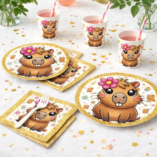 Kubeczki talerzyki jednorazowe papierowe serwetki kapibara urodziny ozdoby na stół