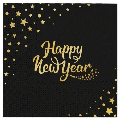 Serwetki papierowe czarne złote gwiazdki Sylwester Nowy Rok dekoracja Happy New Year 10 szt
