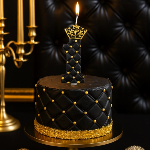 Świeczka na tort z koroną czarna cyfra 1 glamour