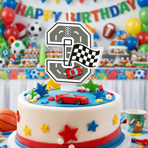 Świeczki na tort cyfra 3 świeczka wyścigi auta wyścigówki dekoracje urodzinowe