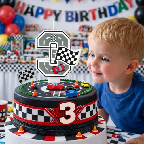 Świeczki na tort cyfra 3 świeczka wyścigi auta wyścigówki dekoracje urodzinowe