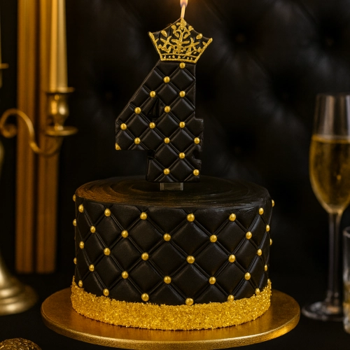 Świeczka na tort z koroną czarna cyfra 4 glamour