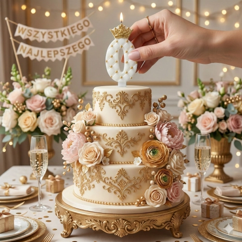 Świeczki na tort cyfra 0 świeczka biała ze złotą koroną dekoracje urodzinowe