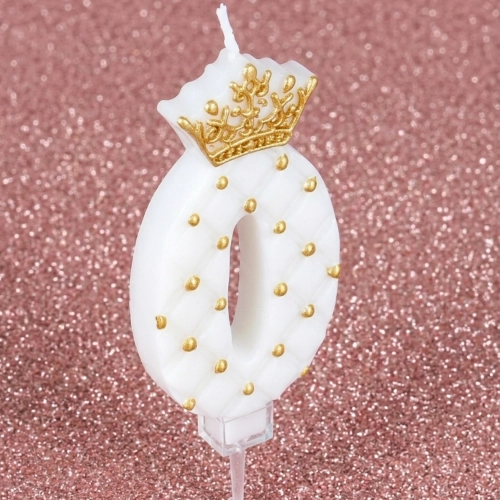 Świeczki na tort cyfra 0 świeczka biała ze złotą koroną dekoracje urodzinowe