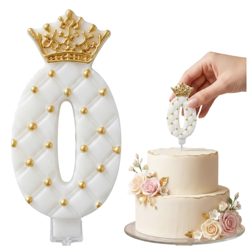 Świeczki na tort cyfra 0 świeczka biała ze złotą koroną dekoracje urodzinowe