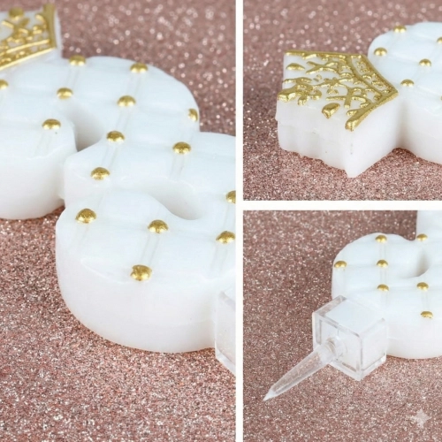 Świeczki na tort cyfra 3 świeczka biała ze złotą koroną dekoracje urodzinowe