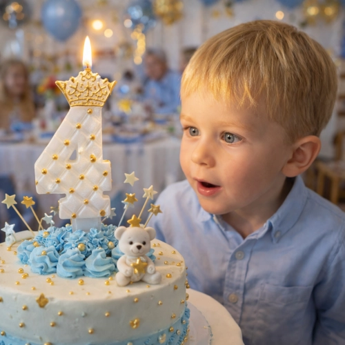 Świeczki na tort cyfra 4 świeczka biała ze złotą koroną dekoracje urodzinowe