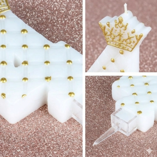 Świeczki na tort cyfra 4 świeczka biała ze złotą koroną dekoracje urodzinowe