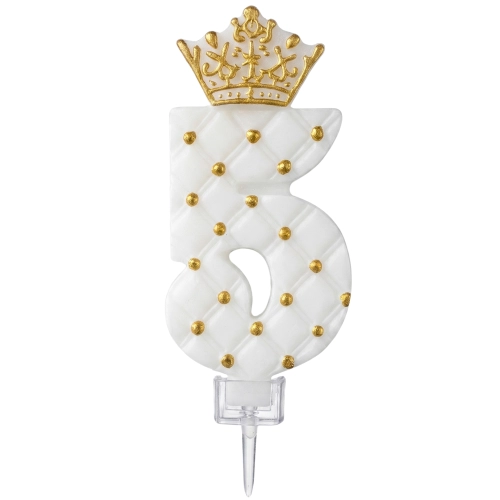 Świeczki na tort cyfra 5 świeczka biała ze złotą koroną dekoracje urodzinowe