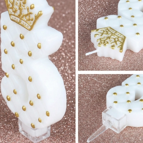 Świeczki na tort cyfra 5 świeczka biała ze złotą koroną dekoracje urodzinowe