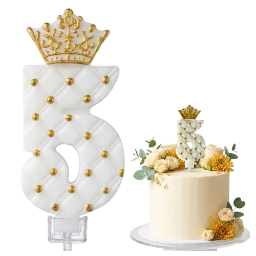 Świeczki na tort cyfra 5 świeczka biała ze złotą koroną dekoracje urodzinowe