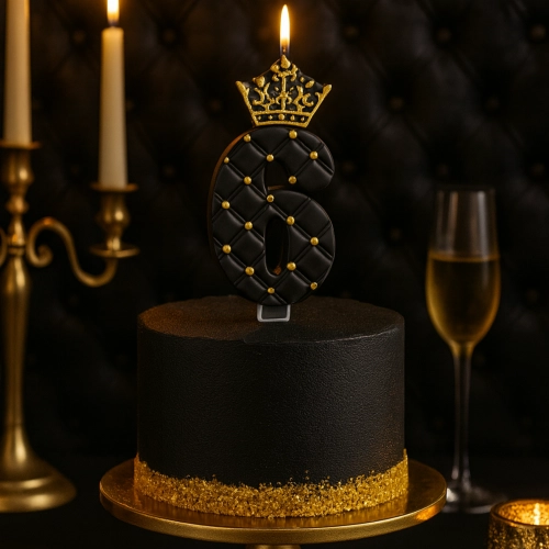 Świeczka na tort z koroną czarna cyfra 6 glamour