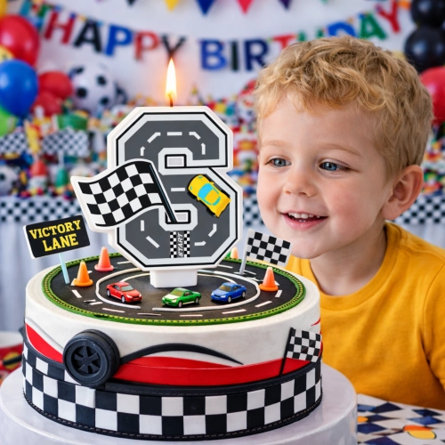 Świeczki na tort cyfra 6 świeczka wyścigi auta wyścigówki dekoracje urodzinowe