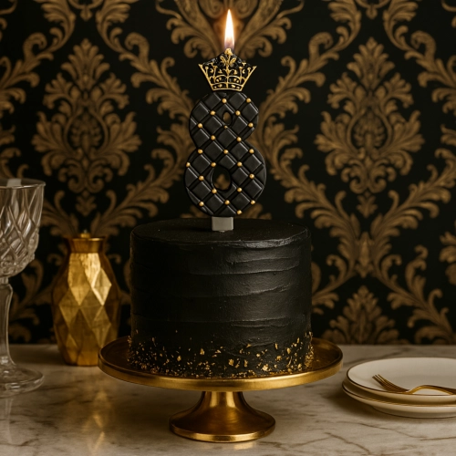 Świeczka na tort z koroną czarna cyfra 8 glamour