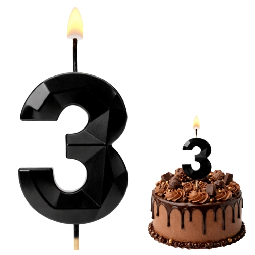 Świeczki ozdoby na tort cyfra 3 świeczka czarna diament dekoracje urodzinowe