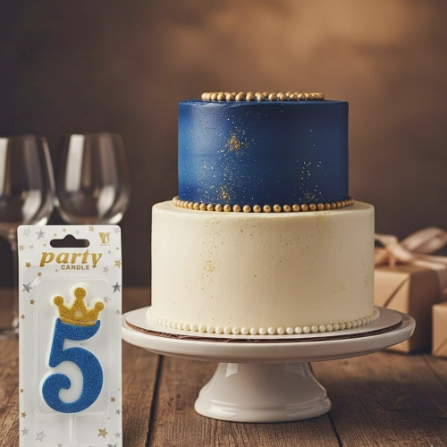 Świeczka na tort niebieska cyfra 5 świeczki urodzinowe brokatowe z koroną