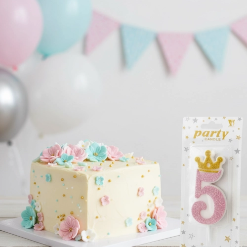 Świeczka na tort różowa cyfra 5 świeczki urodzinowe brokatowe z koroną