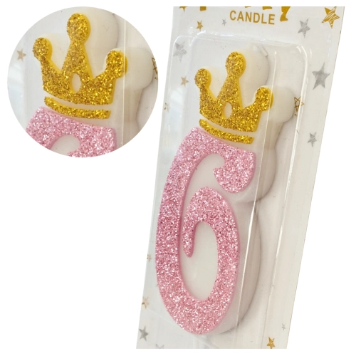 Świeczka na tort różowa cyfra 6 świeczki urodzinowe brokatowe z koroną