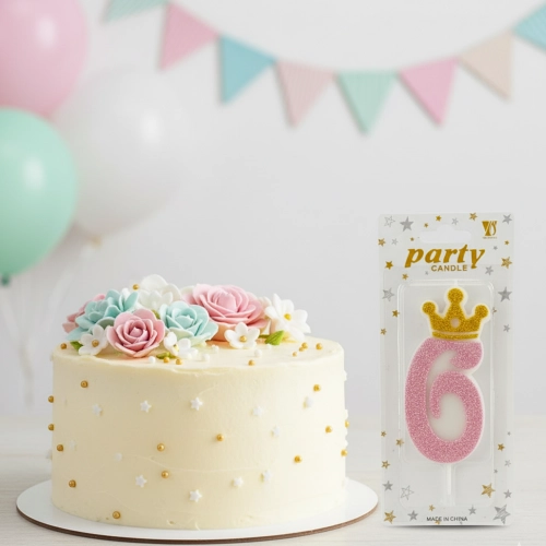 Świeczka na tort różowa cyfra 6 świeczki urodzinowe brokatowe z koroną