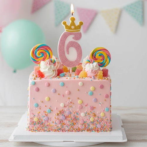 Świeczka na tort różowa cyfra 6 świeczki urodzinowe brokatowe z koroną