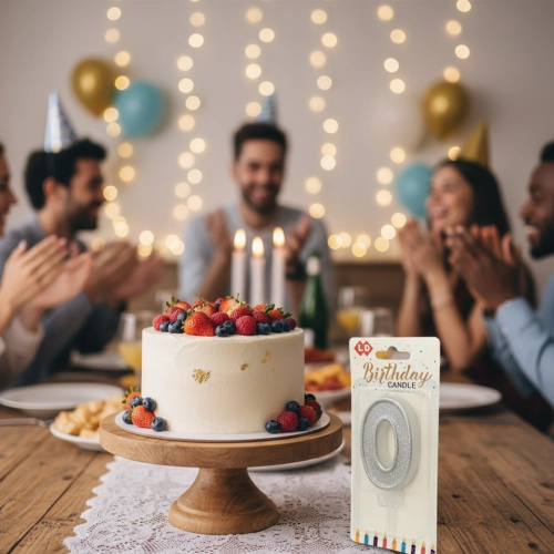 Świeczka na tort srebrna cyfra 0 świeczki urodzinowe brokatowe ozdobne 1szt